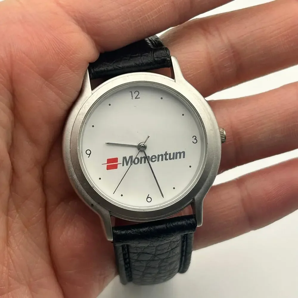 Momentum White Dial Black Leather Minimalist Watch Working New Battery